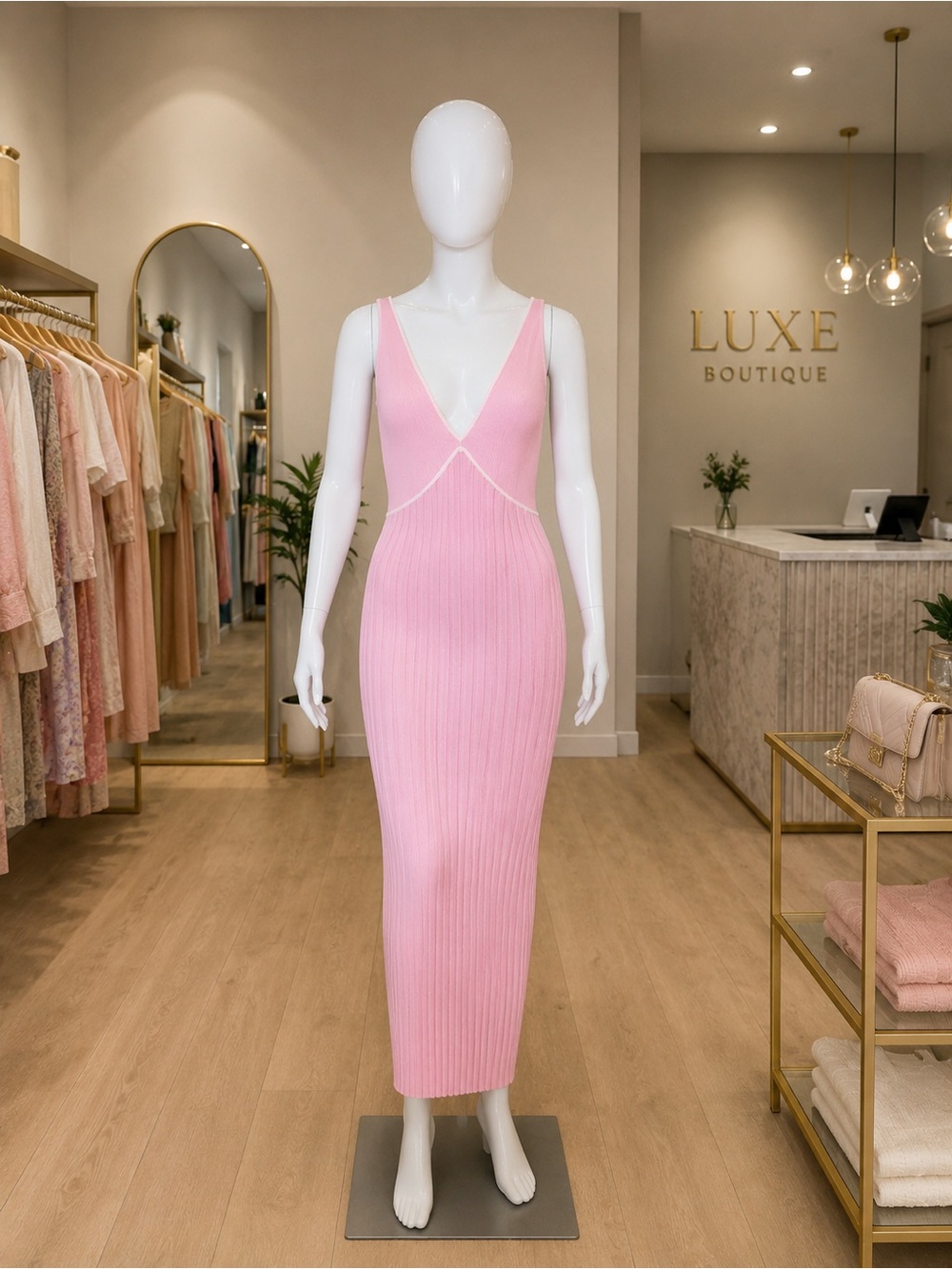 SOLID & STRIPED Light Pink Ribbed V-Neck Maxi Dress